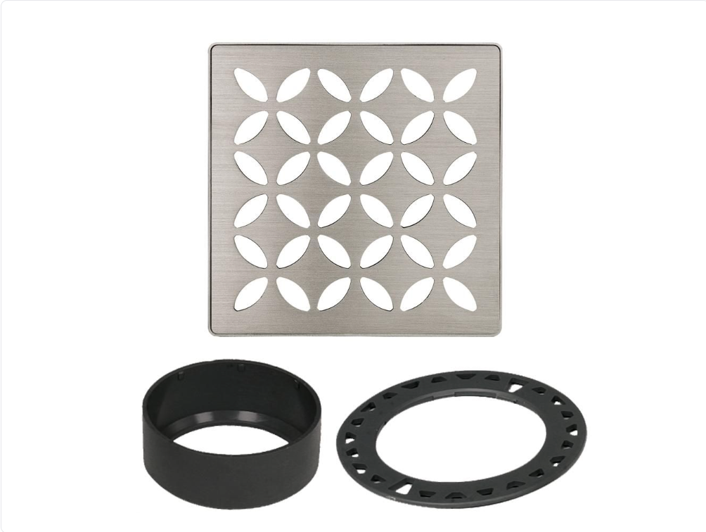 Stainless Steel (V2) Brushed Nickel 4" - Schluter KERDI-DRAIN Floral Square Grate Kit ||KDIF4GRKEBTD5