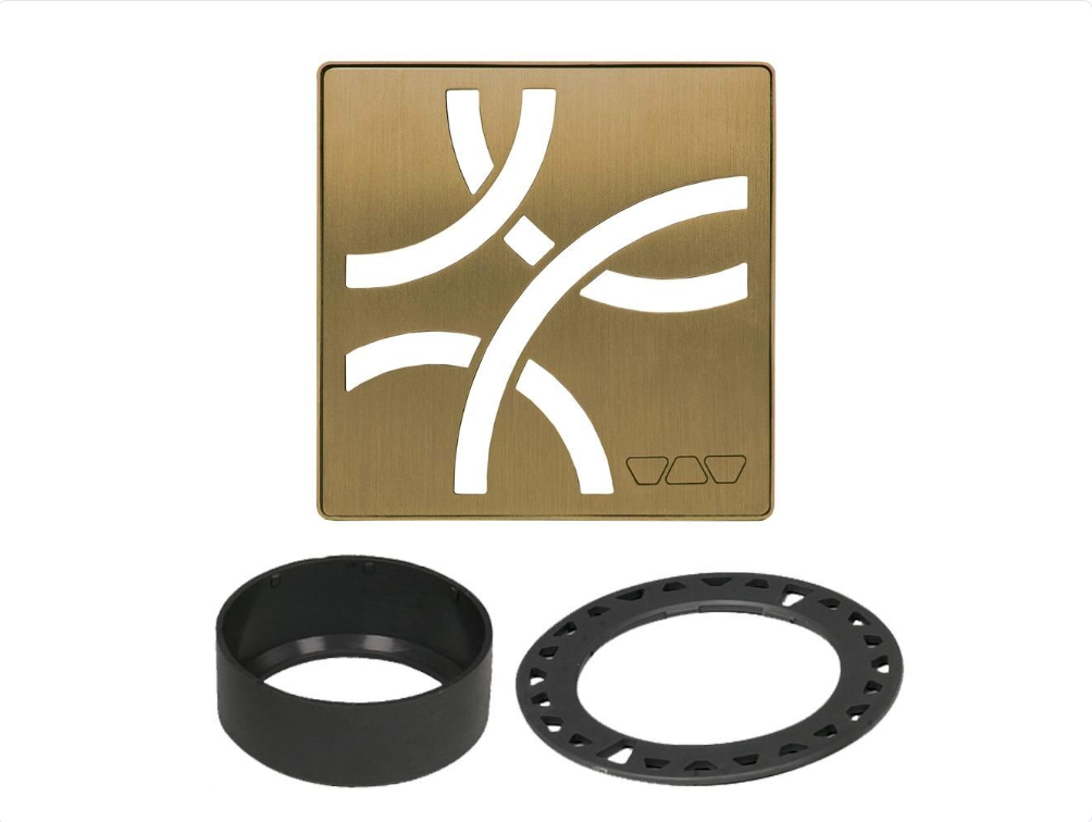 Stainless Steel (V2) Brushed Antique Gold 4" - Schluter KERDI-DRAIN Curve Square Grate Kit ||KDIF4GRKEBVGD6