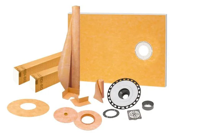 Schluter - KERDI-SHOWER-KIT-FL - 38" x 60" - Ensemble de douche avec position de sortie décentrée KERDI-SHOWER-KIT avec 2" ABS bride et acier inoxydable grille ||KSK9651525SABSE