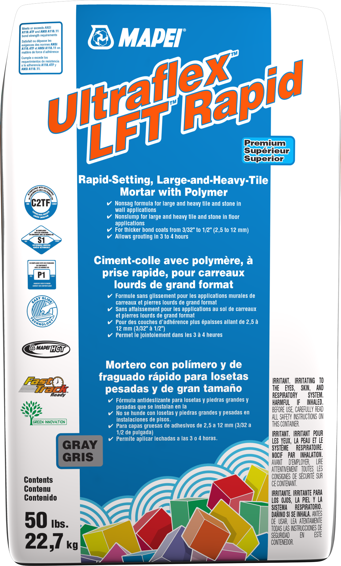 Mapei - Ultraflex LFT Rapid Ciment-colle à prise rapide pour carreaux lourds de grand format, Gris - 50 lb