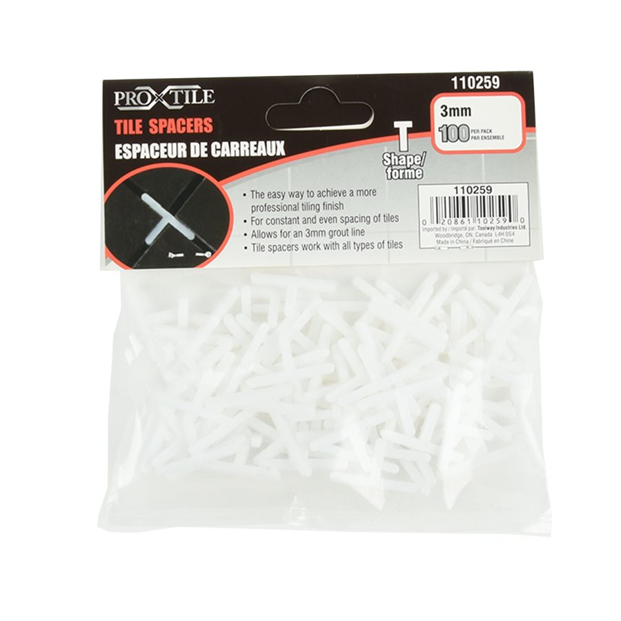 Toolway - Espaceur de tuile de céramique en T 1/8" paquet de 100