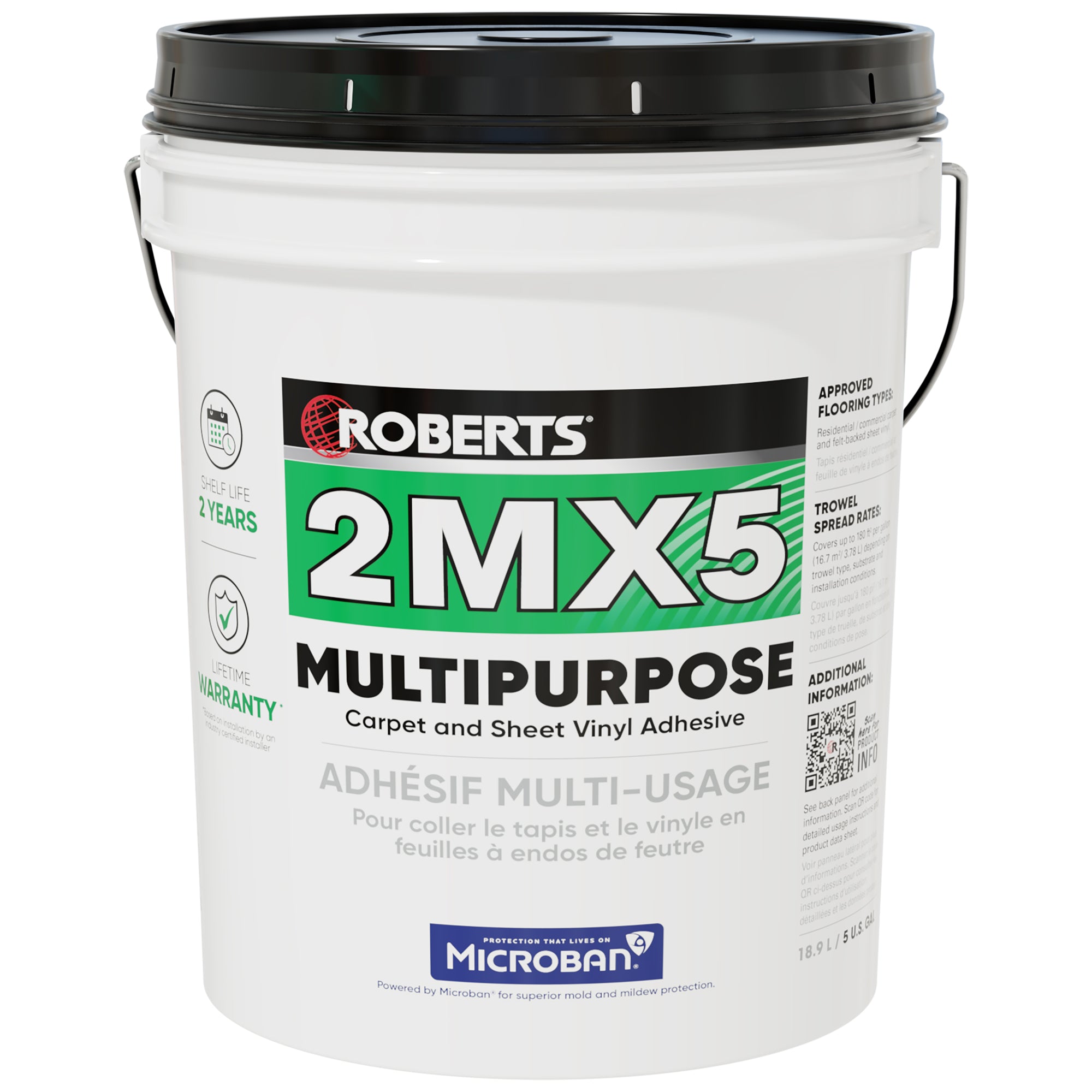 Roberts - Adhésif multiusage 2MX5 pour tapis et vinyle en feuille – 5 gal (18,19 L)