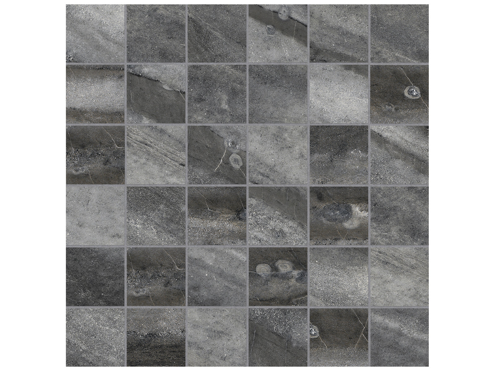 Anatolia - Evolution - Carbon - Mosaïque de porcelaine émaillée aspect travertin, fini mat 5 x 5 cm (2 x 2 po)