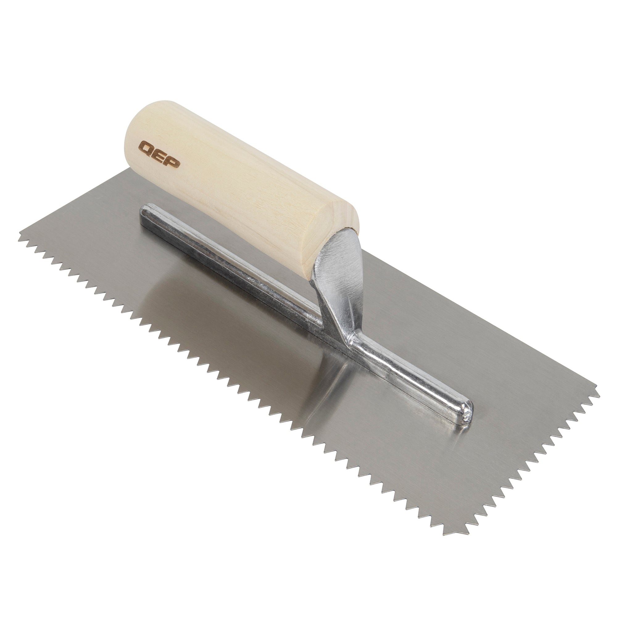 QEP - Truelle à encoches en V en acier au carbone traditionnel 1/4" x 3/16" avec manche en bois