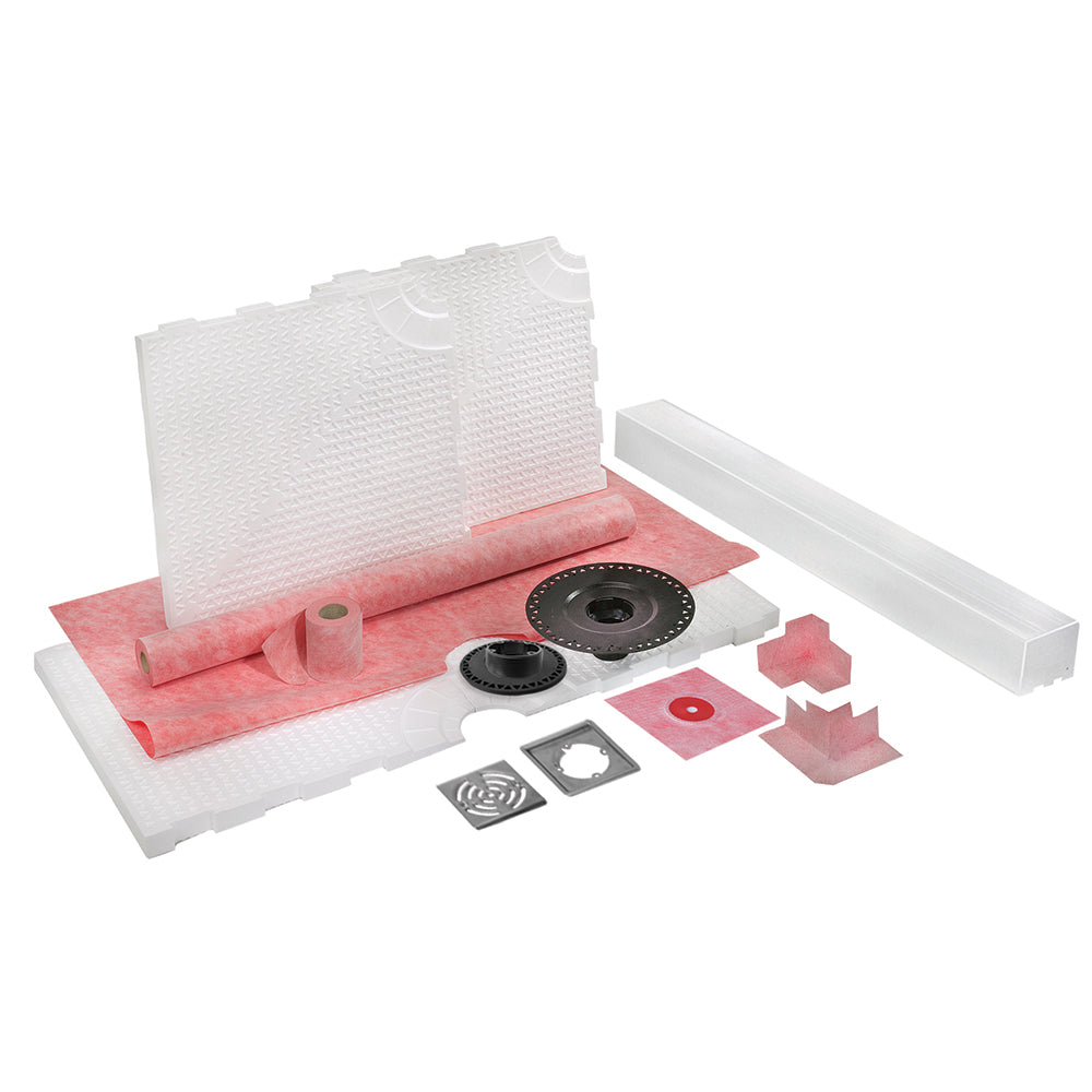 Prova - Système de douche avec base inclinée préfabriquée drain central en ABS et grille en acier inox 48" x 48"