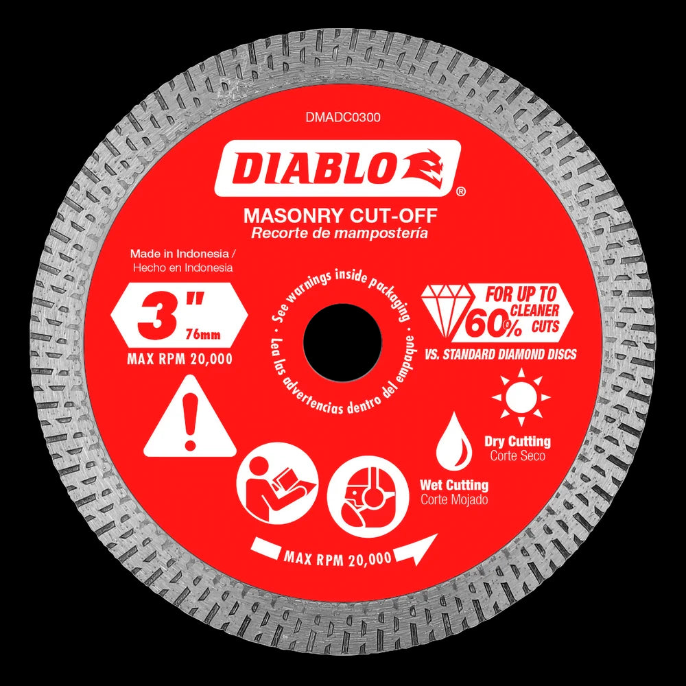 Diablo - Disques à tronçonner diamantés à jante continue pour la maçonnerie 3"