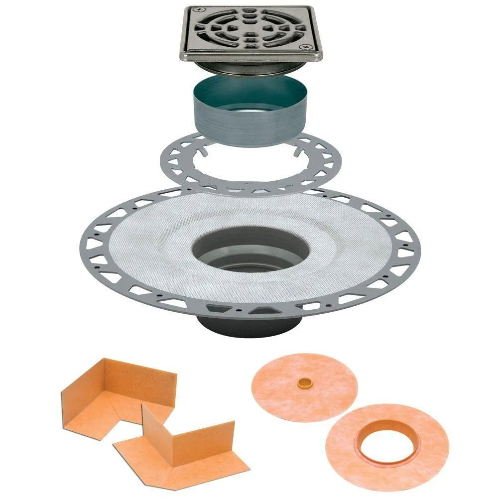 2" PVC plastic flange with 4" square stainless steel grate - Schluter KERDI-DRAIN Drain assembly ||KD2/PVC/E