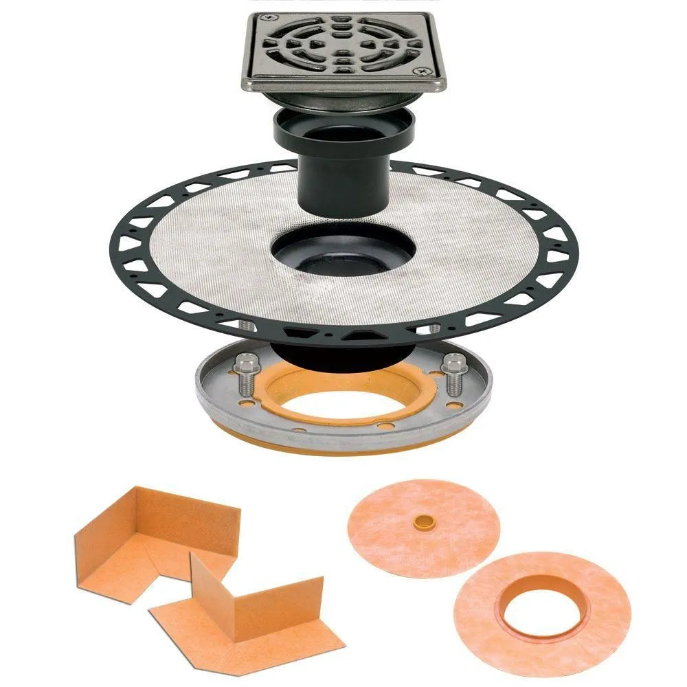 Schluter KERDI-DRAIN-A Residential Drain Adapter Kit with ABS Plastic Adapter and 4" Stainless Steel (V2) Square Drain Grate ||KDAR/ABS/E