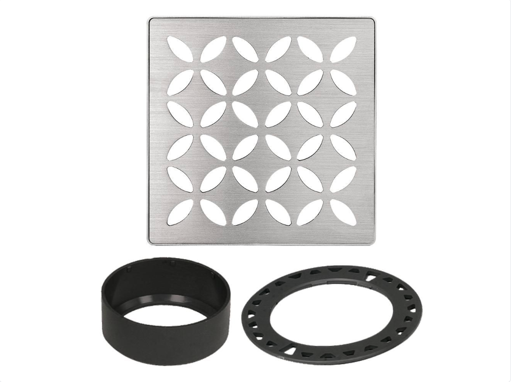 Acier inoxydable (V2) Brossé 4" - Schluter KERDI-DRAIN Ensemble de grille carrée Floral ||KDIF4GRKEBD5