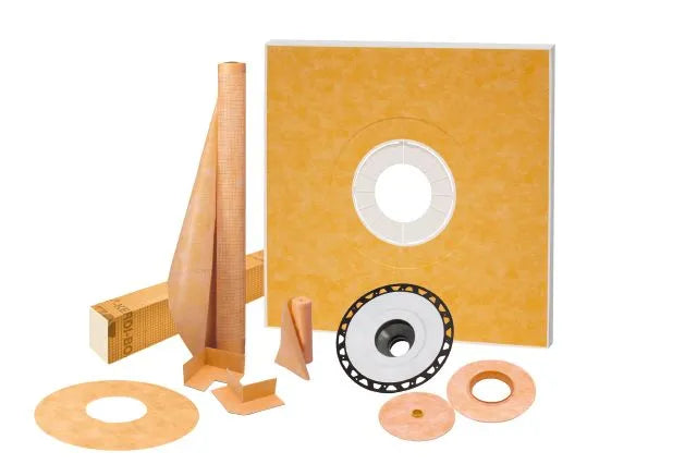 48" x 48" - Schluter KERDI-SHOWER-KIT Shower kit with centered outlet position KERDI-SHOWER-KIT with 2" ABS flange and stainless steel grate ||KSK1220ABSE