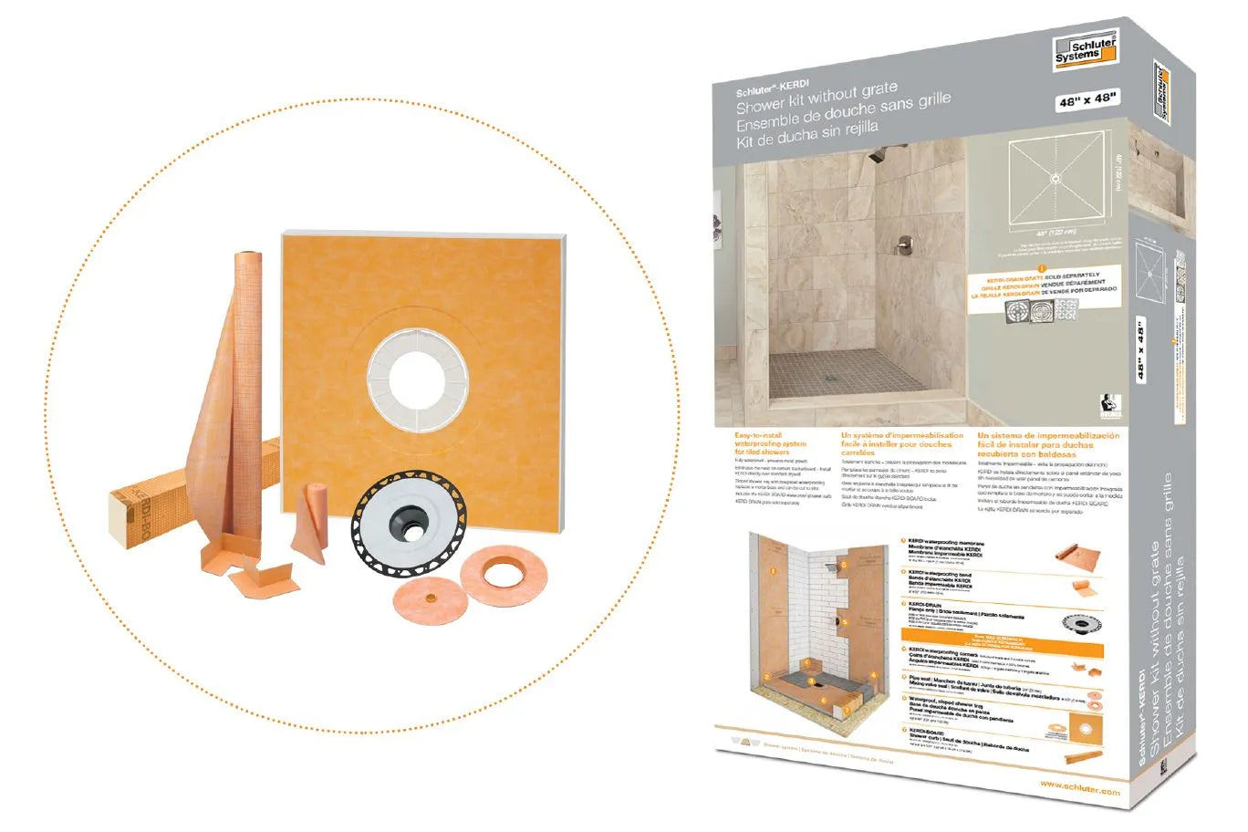 72" x 72" - Schluter KERDI-SHOWER-KIT Shower kit with centered outlet position - FL without gill with 2" ABS flange ||KSK1830ABS