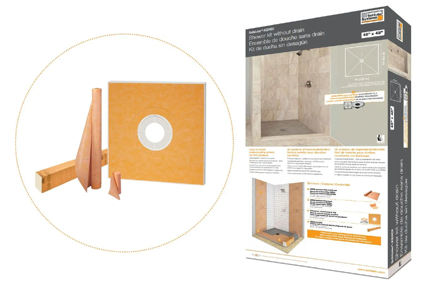 38" x 60" - Schluter KERDI-SHOWER-KIT Shower kit with off-center outlet position without flange and grate ||KSK9651525S