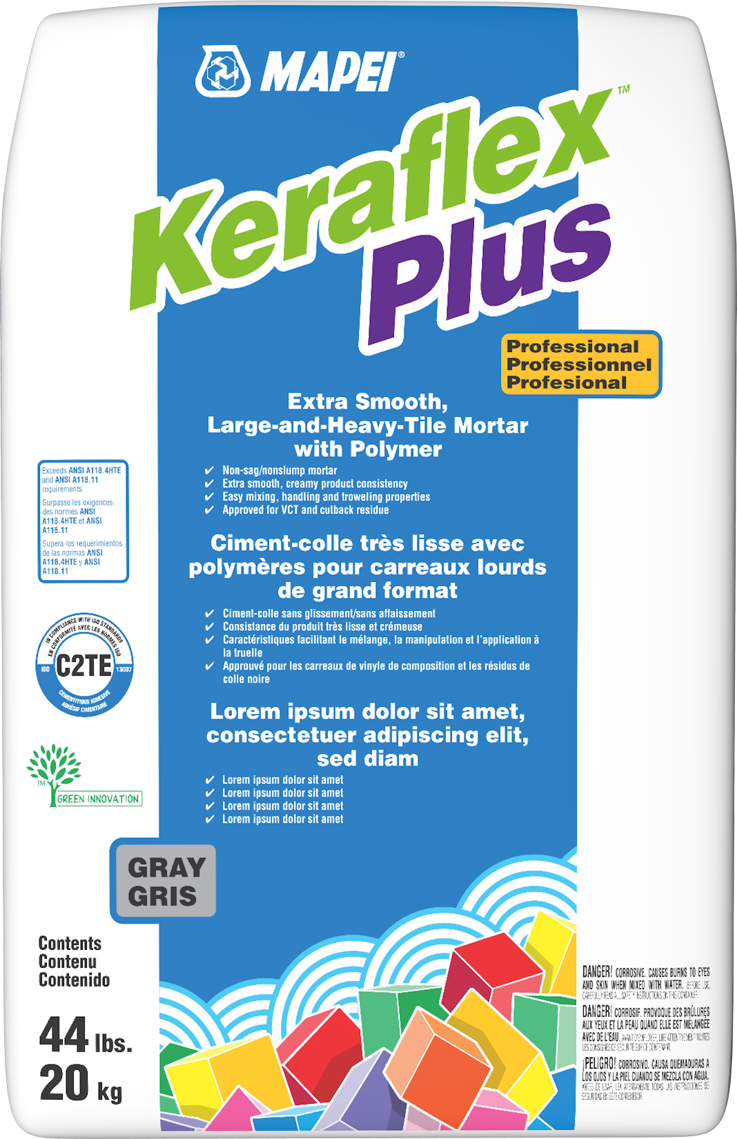 Mapei - Keraflex Plus Ciment-colle très lisse pour carreaux lourds de grand format, Gris - 44 lb