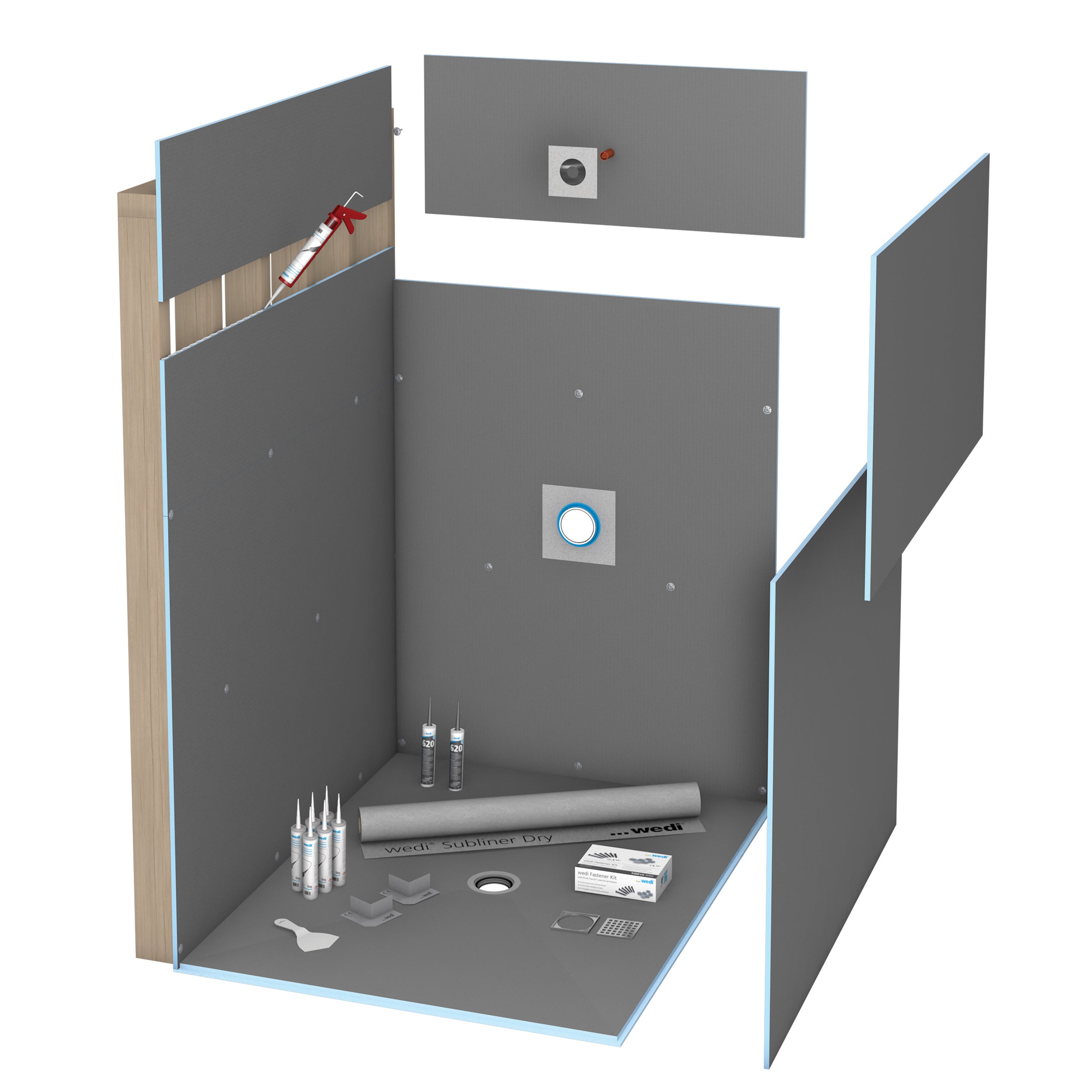 Wedi - Ensemble de douche Ligno avec base de douche de 42" x 42" et drain central