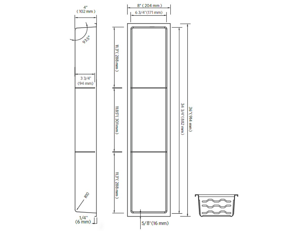 Fusion - 8" x 36" - Niche de douche avec deux tablettes acier inoxydable ||PRO836T2