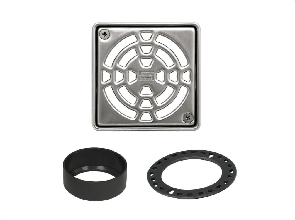 Acier inoxydable (V2) 4" - Schluter KERDI-DRAIN Ensemble de grille carrée Classic ||KD4GRKE