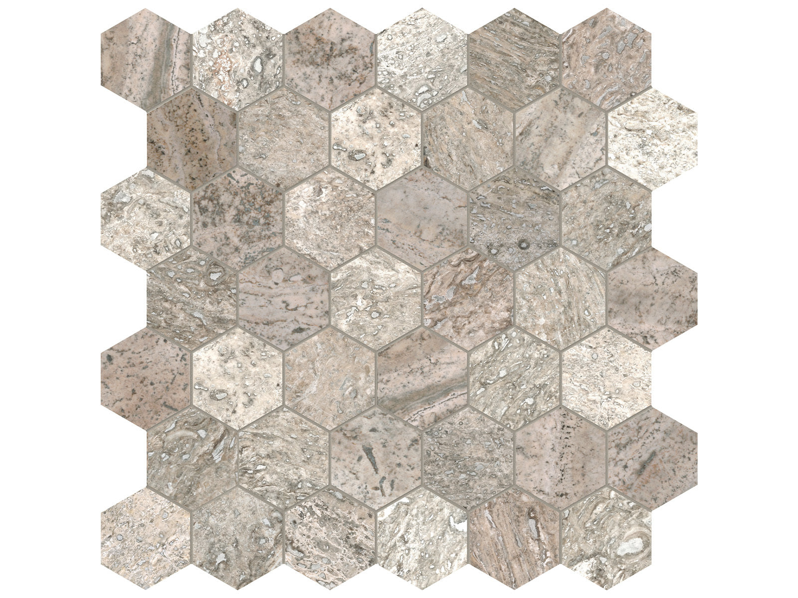 Anatolia - Silver Ash - Mosaïque hexagonale de travertin coupe veine, fini adouci et rempli 4,9 cm (2 po)