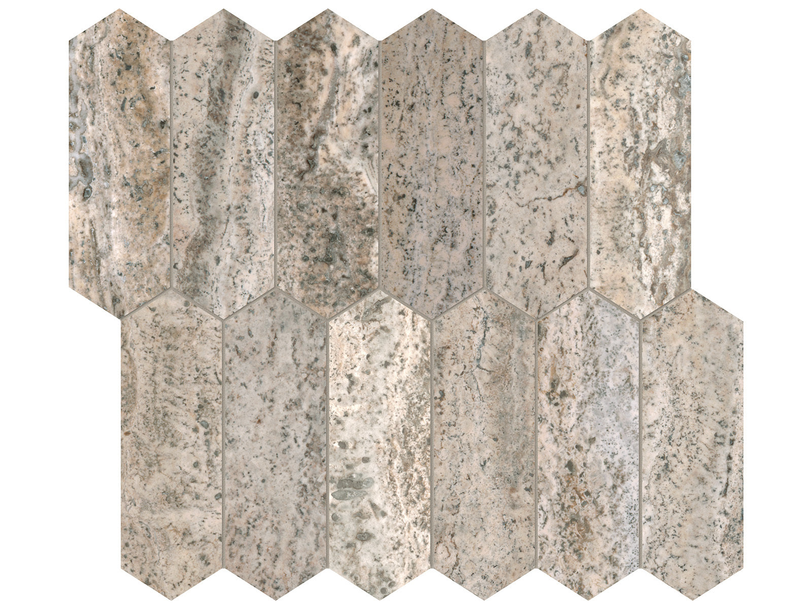 Anatolia - Silver Ash - Mosaïque picket de travertin coupe veine, fini adouci et rempli 4,9 x 15 cm (2 x 6 po)