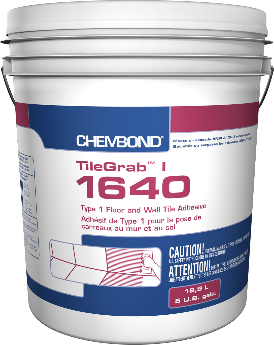 Chembond - TileGrab I 1640 Adhésif de Type 1 pour la pose de carreaux au mur et au sol - 18.9 L