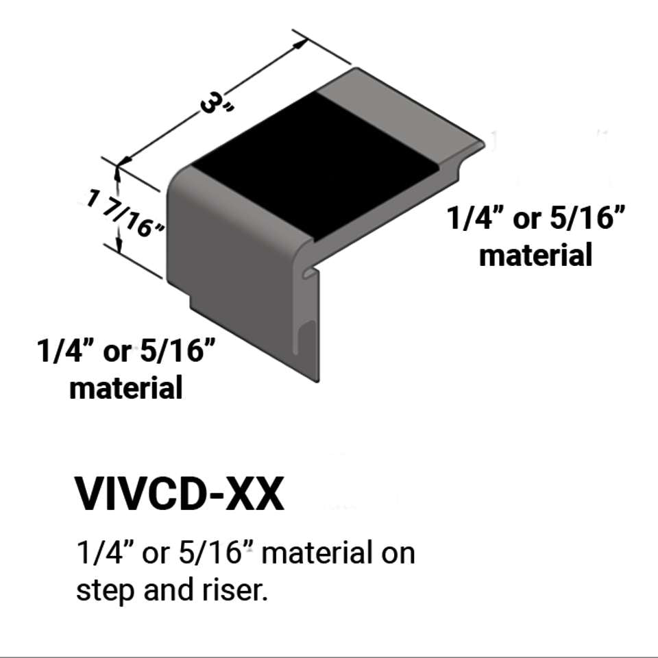 Tarkett/Johnsonite - VIVCD-XX - Nez de marches d'escalier - Matériau de 1/4" ou 5/16" pour les marches et les contremarches. Bande coextrudée de 2" pour les personnes malvoyantes.