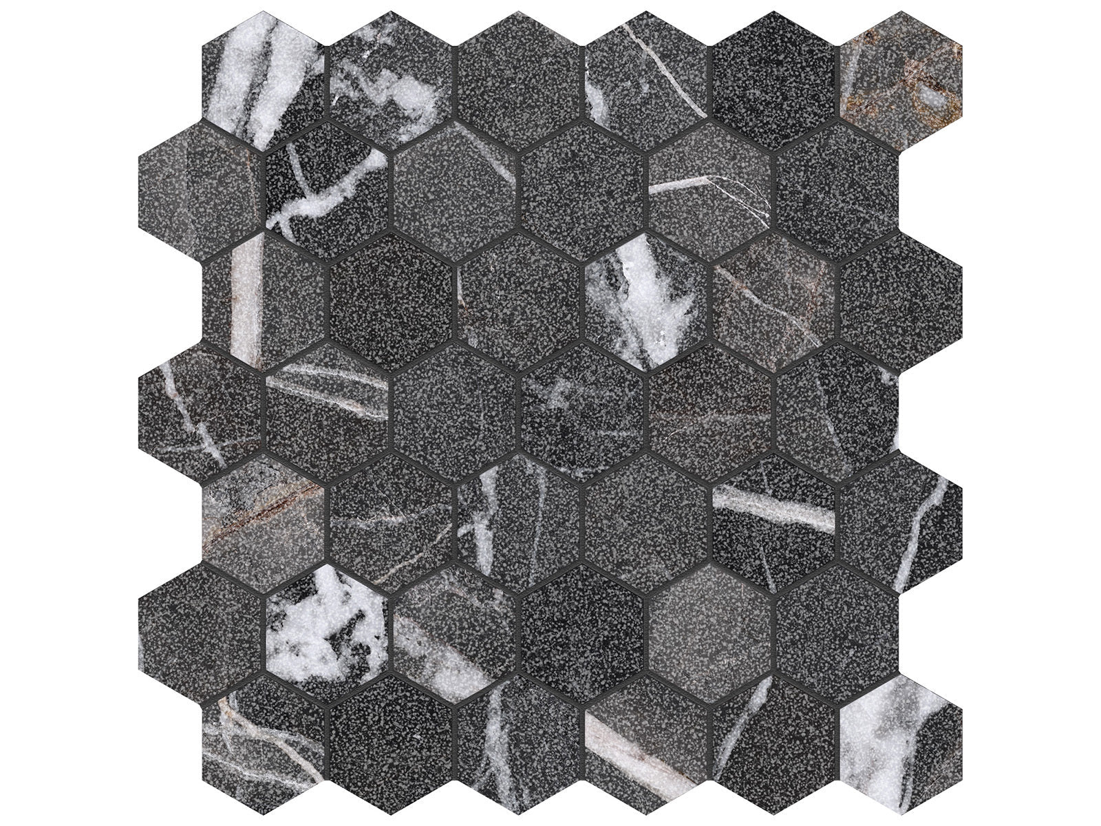 Anatolia - Majesto - Calacatta Noir - Mosaïque hexagonale de porcelaine colorée dans la masse vintage 5 cm (2 po)