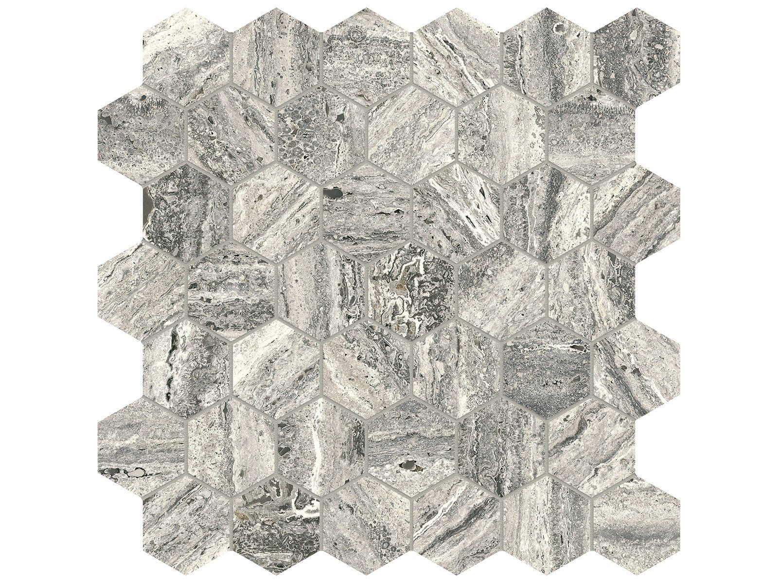Anatolia - Majesto - Travertino Titanium - Mosaïque hexagonale de porcelaine colorée dans la masse mate organique 5 cm (2 po)