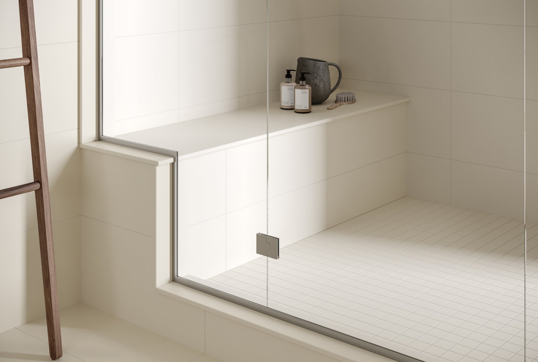 Anatolia - Marmiline - Ivory - Banc de douche en pierre reconstituée polie 45,7 x 119,8 cm (18 x 47,2 po) - mise en situation