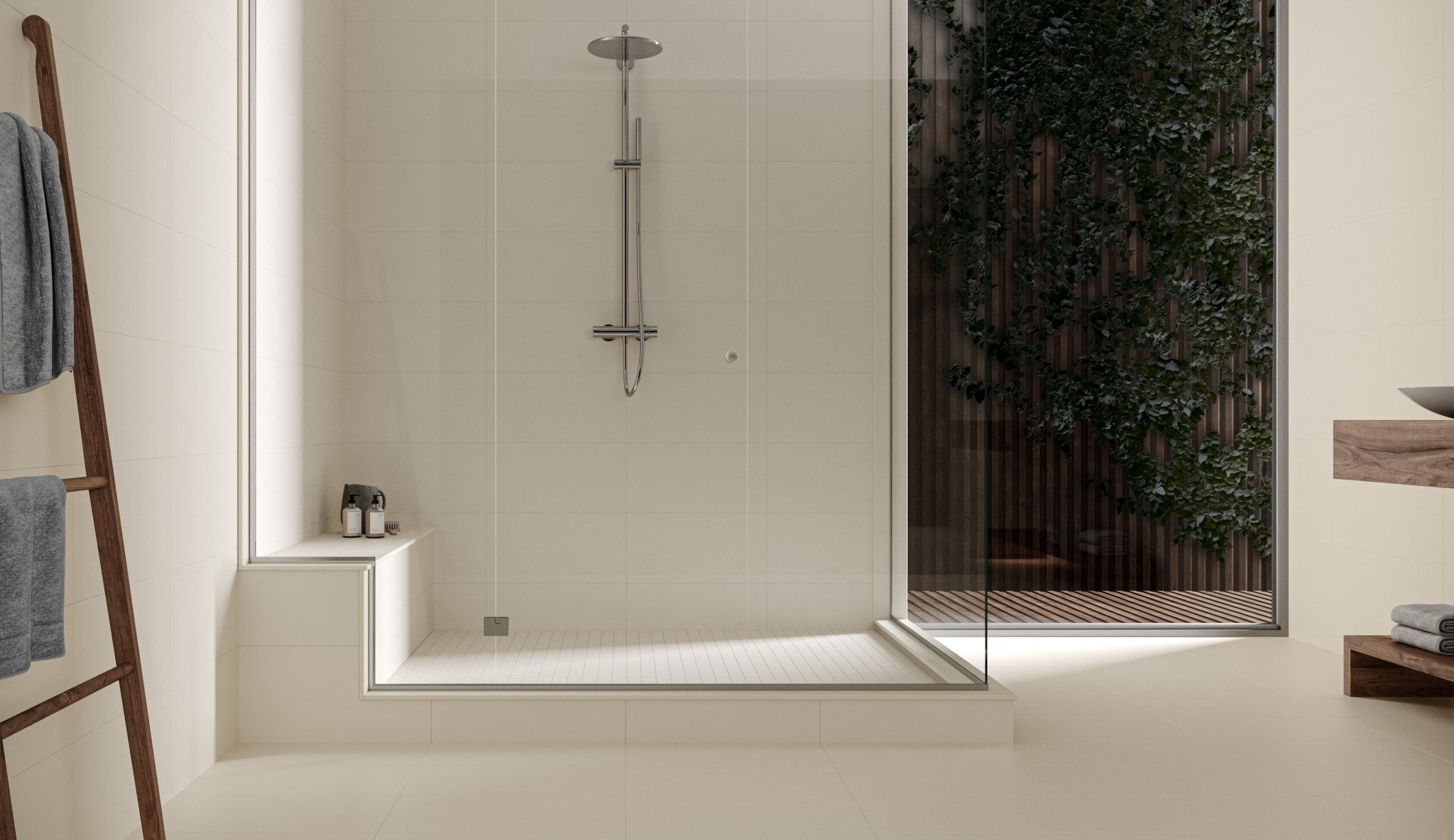 Anatolia - Marmiline - Ivory - Banc de douche en pierre reconstituée polie 45,7 x 119,8 cm (18 x 47,2 po) - mise en situation