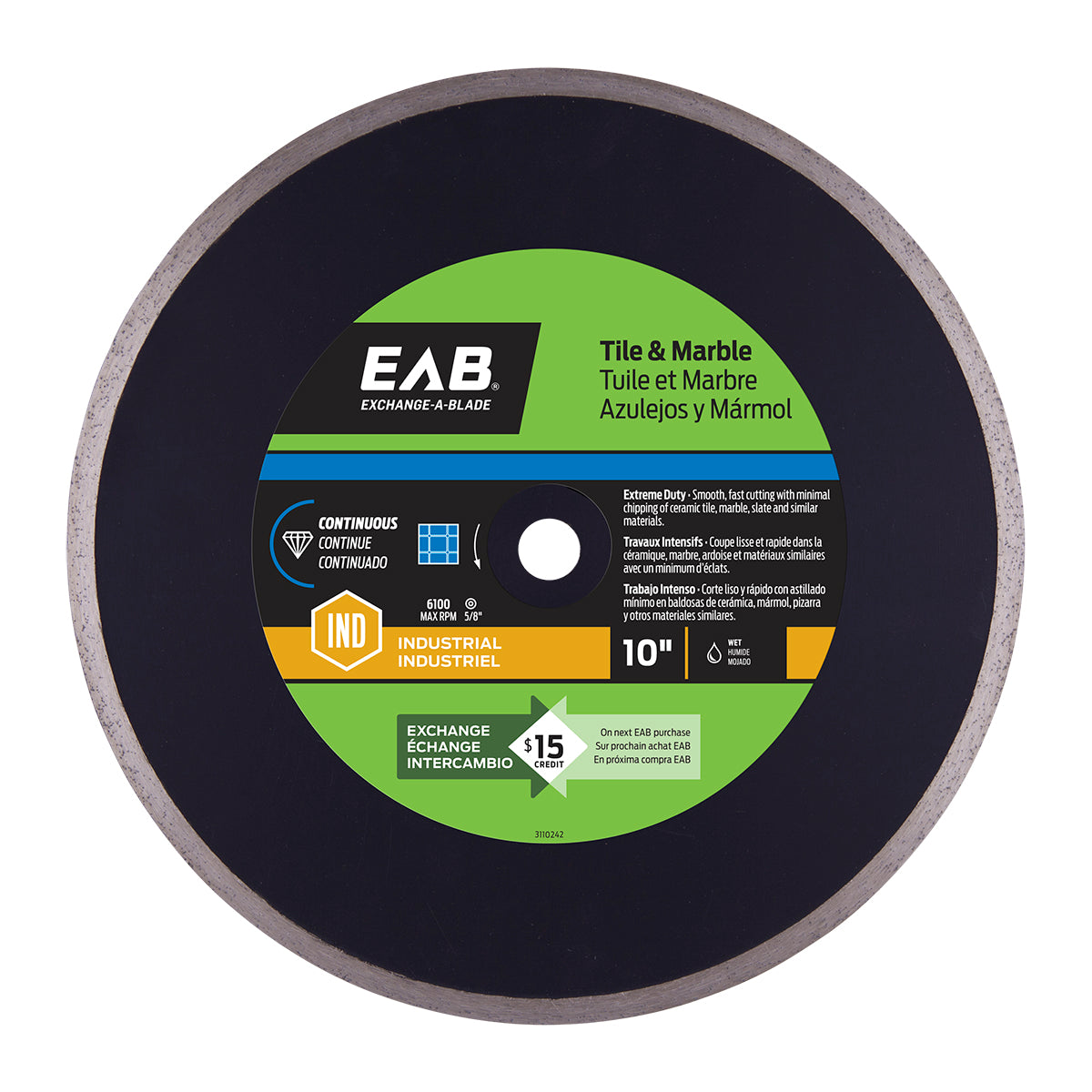 EAB - Lame diamantée industrielle continue pour tuile & marbre coupe à l'eau Série Noire 10"
