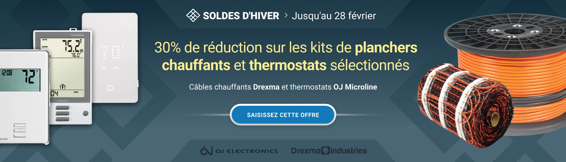 Promotion hivernale Ceramed – 30 % de réduction sur les kits de planchers chauffants Drexma et les thermostats OJ Microline, jusqu’au 28 février