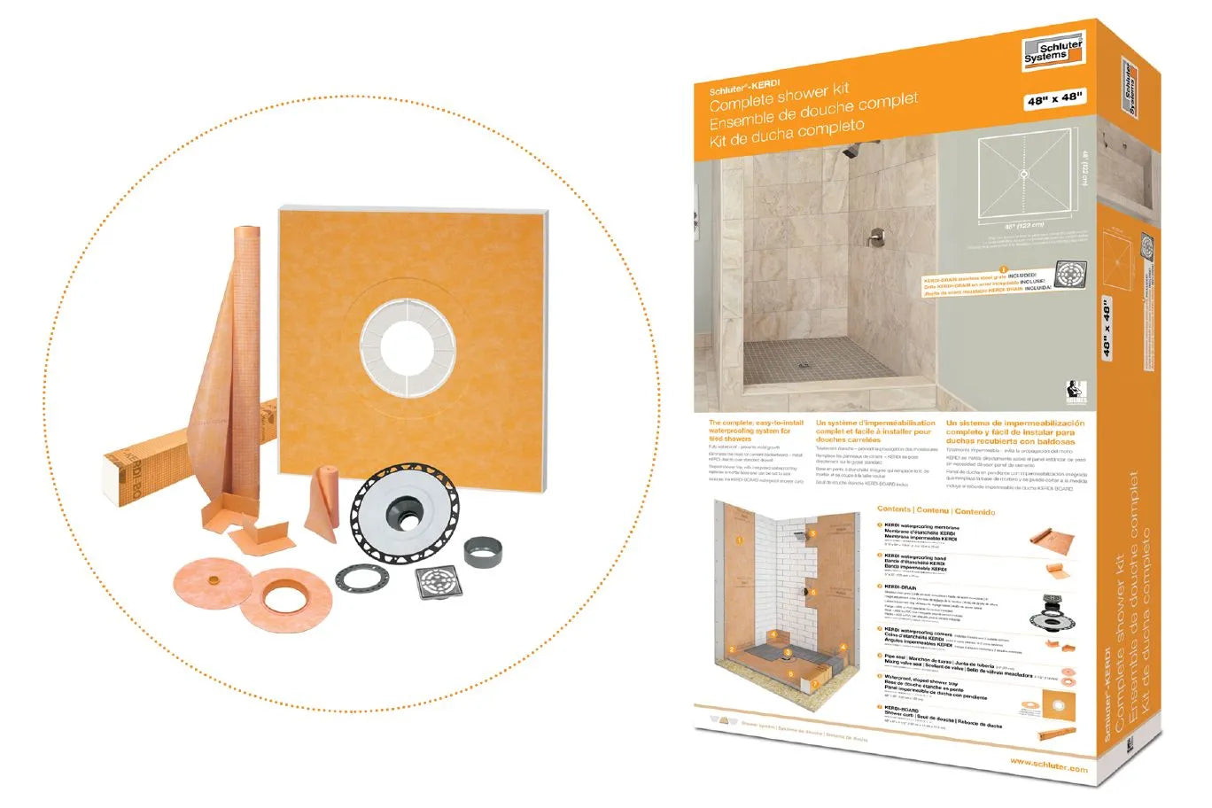 38" x 60" - Schluter KERDI-SHOWER-KIT Shower kit with off-center outlet position without grate with 2" ABS flange ||KSK9651525SABS