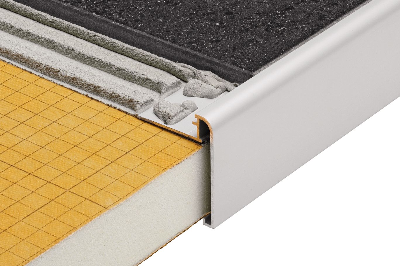 Schluter - RONDEC-STEP Profilé de finition et protection des rebords avec ailette verticale de 1-1/2" - aluminium anodisé nickel mat 5/16" (8 mm) x 8' 2-1/2" ||RS80AT39