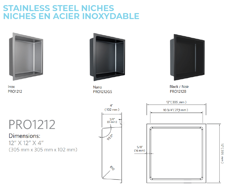 Fusion - 12" x 12" - Niche de douche acier inoxydable noir ||PRO1212B - Ceramed