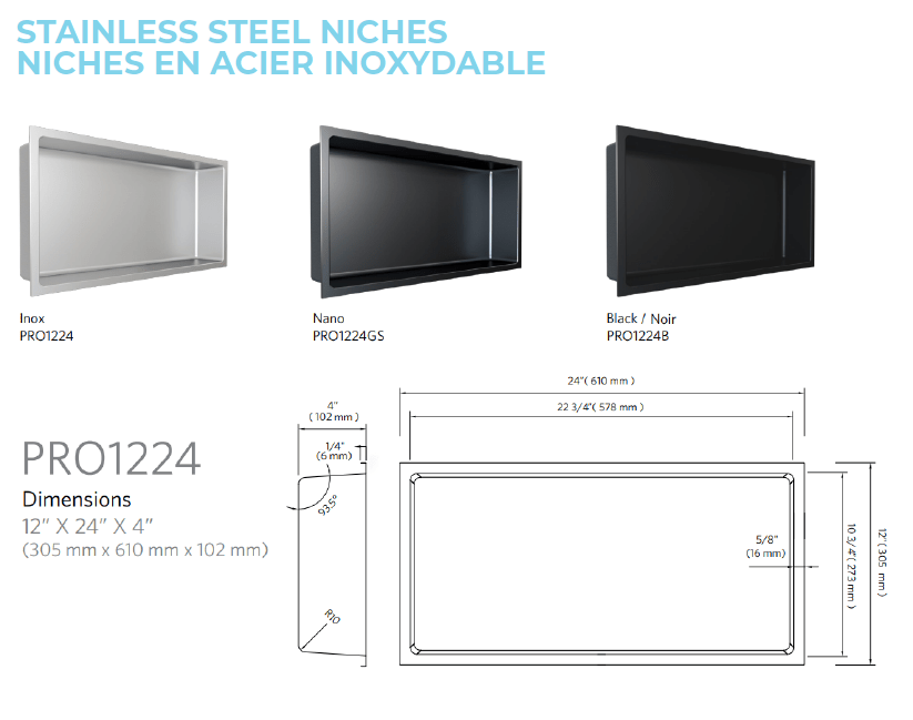 Fusion - 12" x 24" - Niche de douche acier inoxydable ||PRO1224 - Ceramed