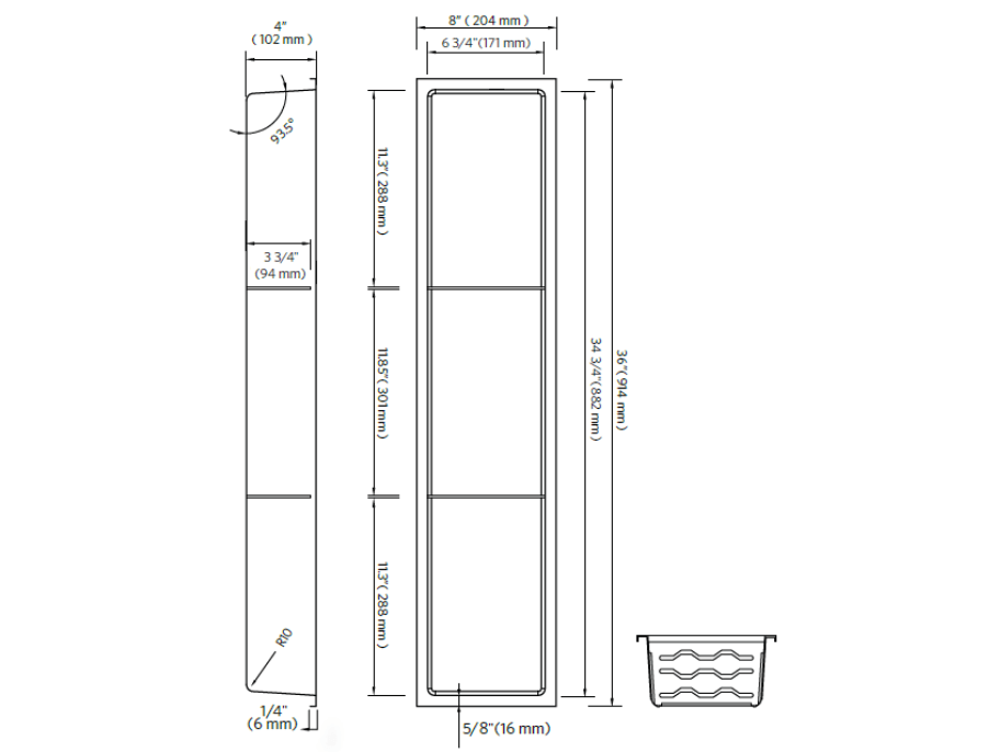 Fusion - 8" x 36" Nano - Niche de douche avec deux tablettes acier inoxydable ||PRO836T2GS - Ceramed