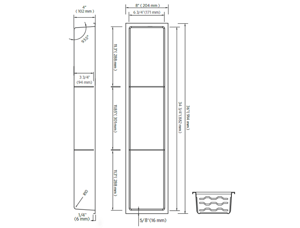Fusion - 8" x 36" - Niche de douche avec deux tablettes acier inoxydable ||PRO836T2 - Ceramed