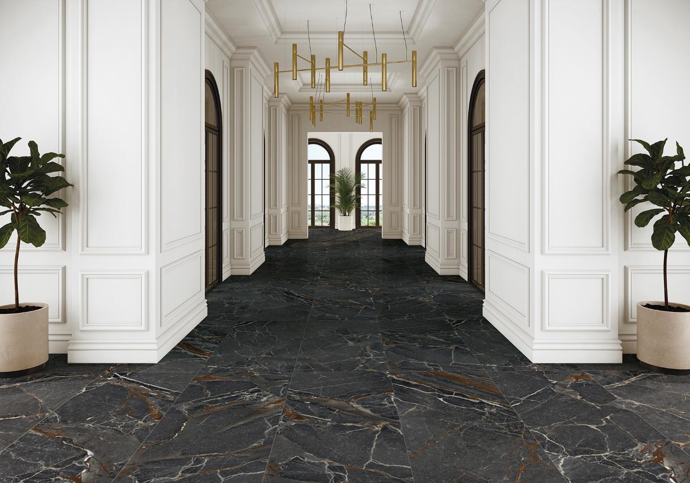 Plancher de tuiles de porcelaine IP Céramique Dusk Black dans un hall clair