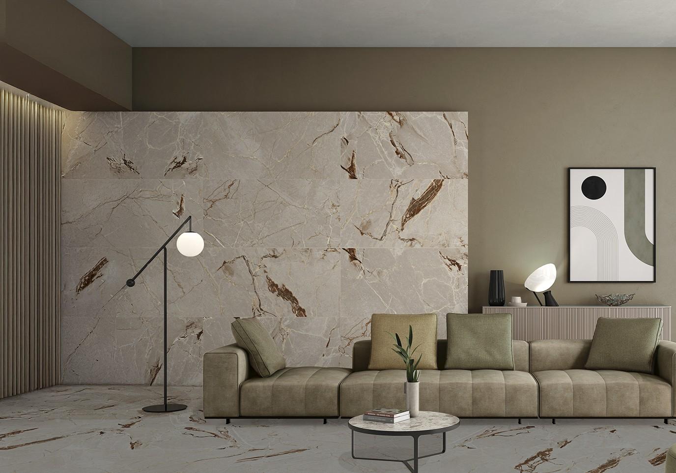 Mur de tuiles de porcelaine IP Céramique Dusk Bone dans un salon beige
