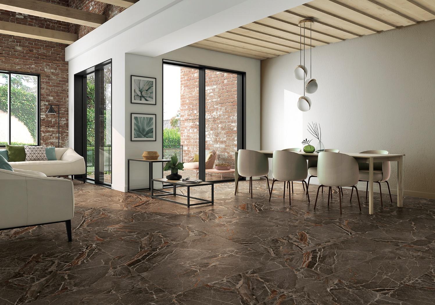 Plancher de tuiles de porcelaine IP Céramique Dusk Taupe dans une salle à manger