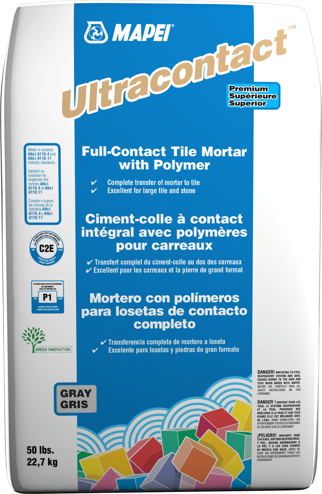 Mapei - Ultracontact Ciment-colle à contact intégral avec polymères pour carreaux, Gris - 50 lb
