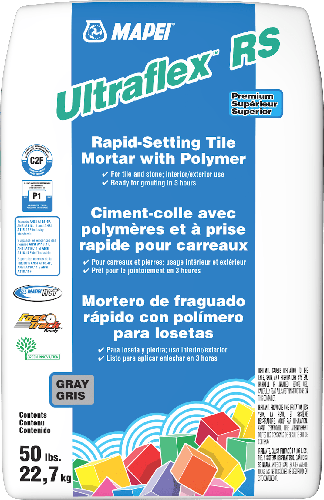 Mapei - Ultraflex RS Ciment-colle de qualité supérieure avec polymère à prise rapide, Gris - 50 lb