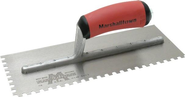 Marshalltown - Truelle standard à dents en U pour gauchers 4-1/2" x 11" en acier trempé 1/4" x 1/2" x 1/4" avec poignée DuraSoft