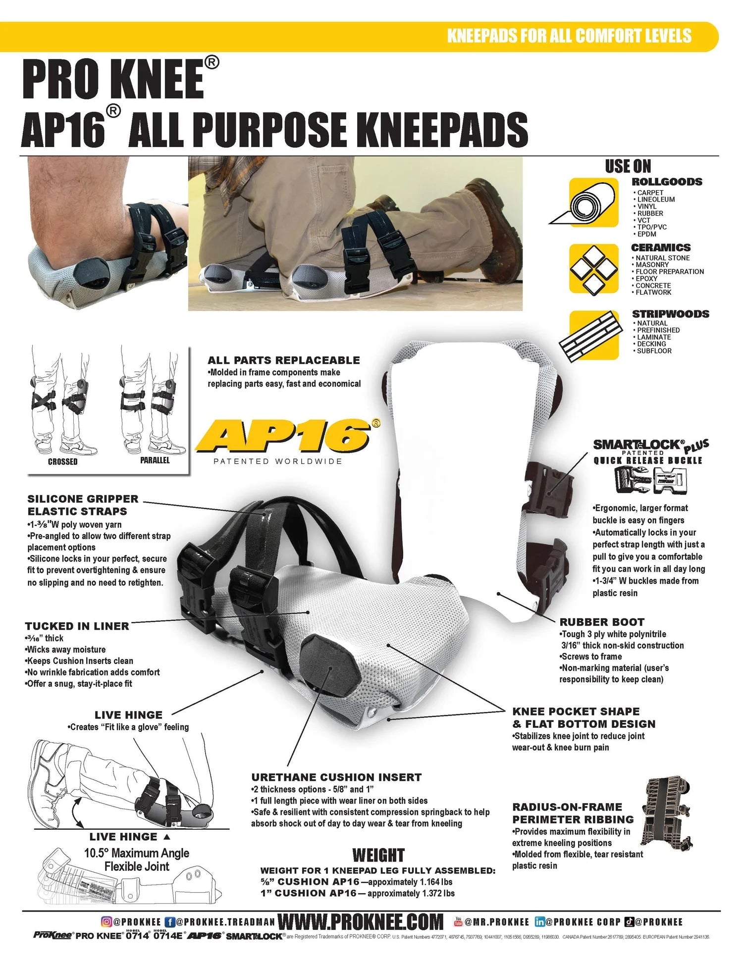 Fiche technique de la genouillère Proknee AP16 : sangles, boucles SmartLock Plus, doublure, charnière et poids