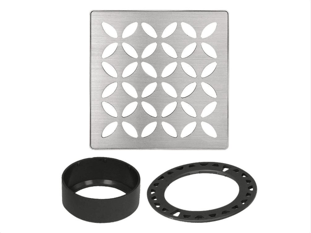 Schluter - KERDI-DRAIN - Ensemble de grille carrée Floral - acier inoxydable (V2) Brossé 4" ||KDIF4GRKEBD5 - Ceramed