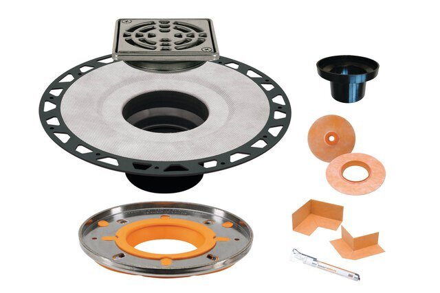 Schluter - KERDI-LINE-A - Ensemble d'adaptateur pour drain Plastique ABS 5-1/2" avec grille carrée acier inoxydable satiné 4" ||KDAM5ABSE - Ceramed