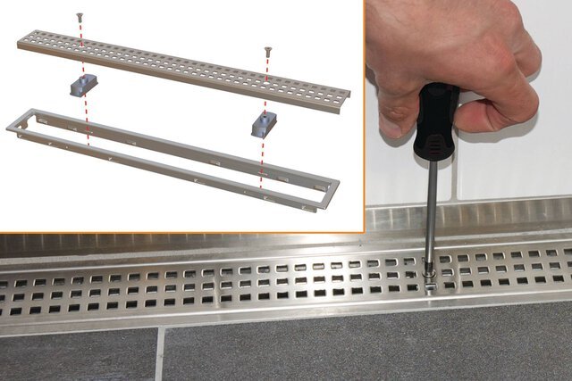 Schluter - KERDI-LINE - Drain linéaire encastré avec grille perforée avec verrou - acier inoxydable (V4) brossé 3/4" x 47-1/4" ||KL1BL19EB120 - Ceramed
