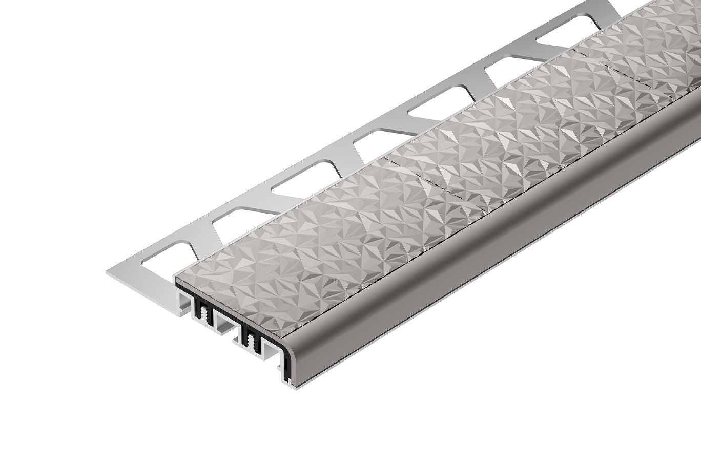 Schluter - TREP-V 42 Profilé pour nez de marche aluminium anodisé avec insert anti-dérapant en PVC gris pierre 1/2" (12.5 mm) x 1-21/32" (42 mm) x 3' 3"