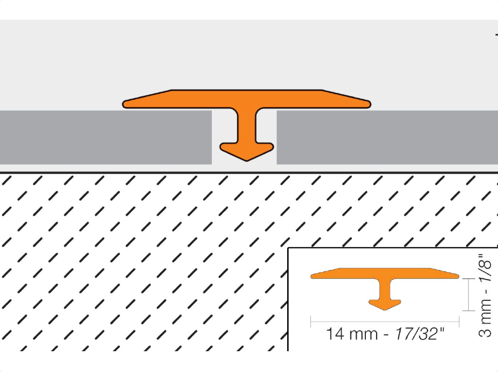 Schluter - VINPRO-T - Profilé en T pour la rénovation des planchers de vinyle alum. anodisé Chrome brossé - 1/8" x 1" x 8' 2-1/2" ||VPTL3/25ACGB - Ceramed