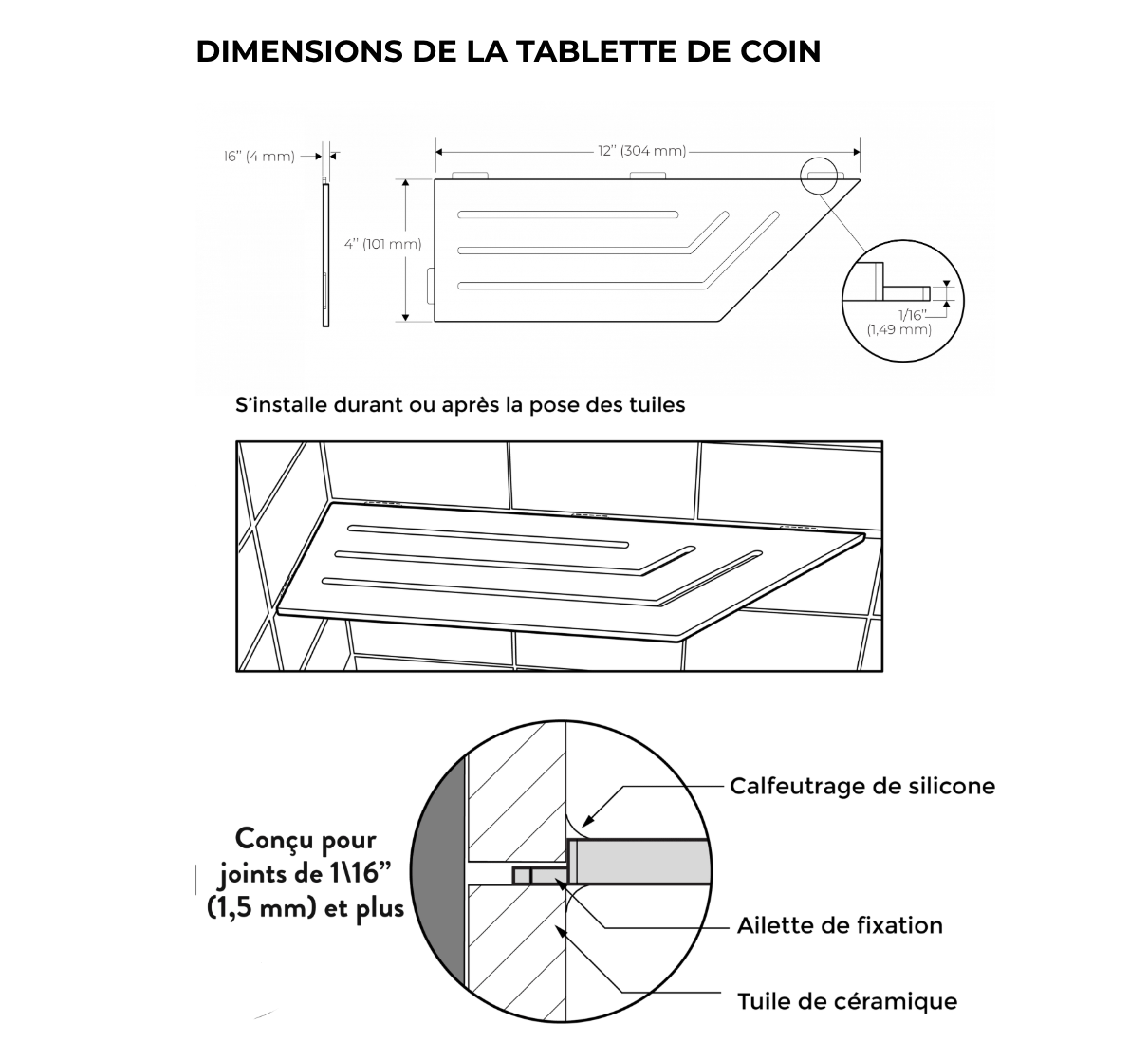Tablettes de coin gris mat 4″x12″ pour douches carrelées ||62805584944