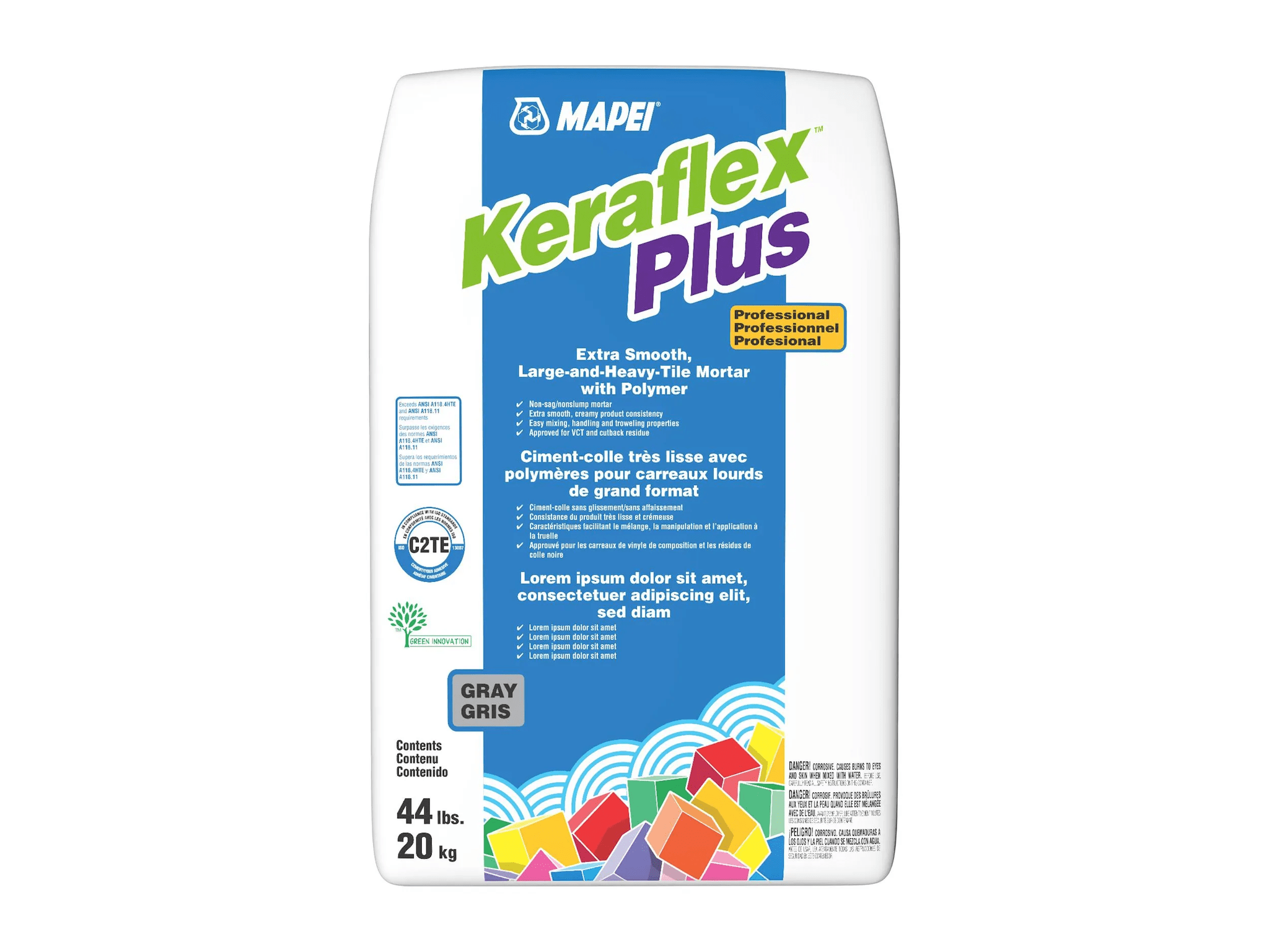 Mapei - Keraflex Plus - Ciment-colle très lisse pour carreaux lourds de grand format - Gris 44 lb - Ceramed